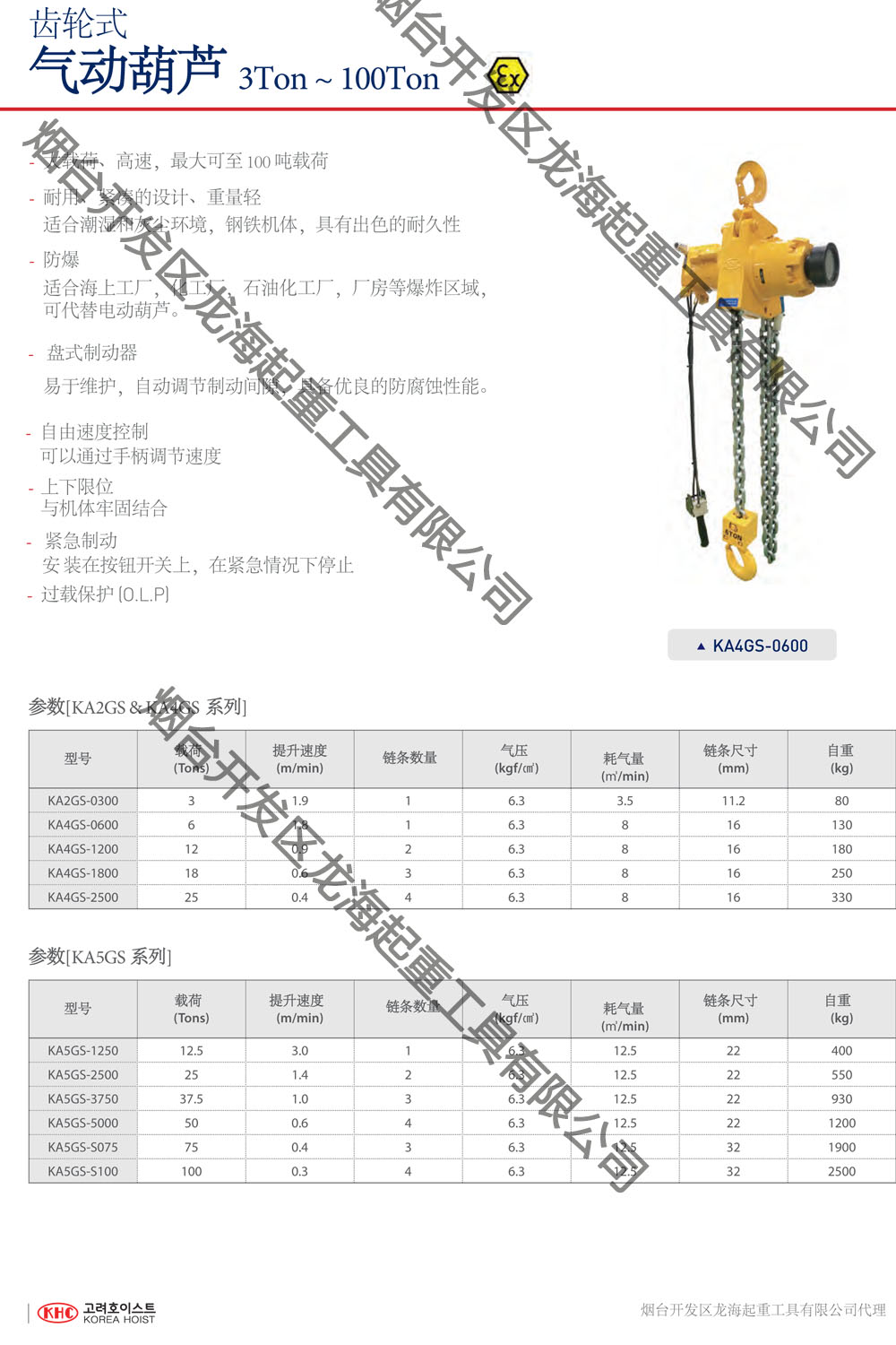 韩国KHC齿轮式气动葫芦